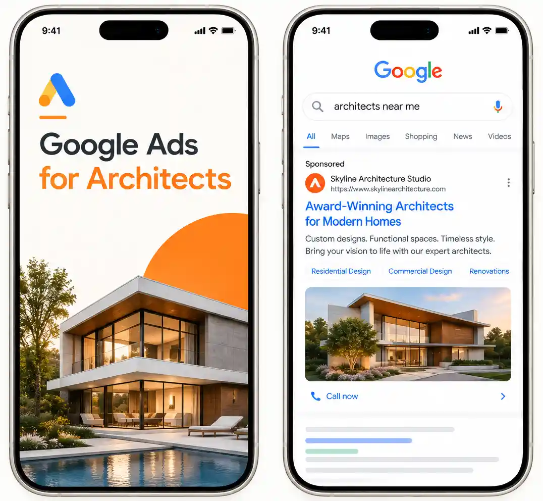 Google Ads for Architects • Agency & PPC for Architecture Firms • Plans start $699/mo • Sorted ROI 1 Marketing agency Sorted ROI's hero image for their service page about Google Ads for Architects on sortedroi.com website