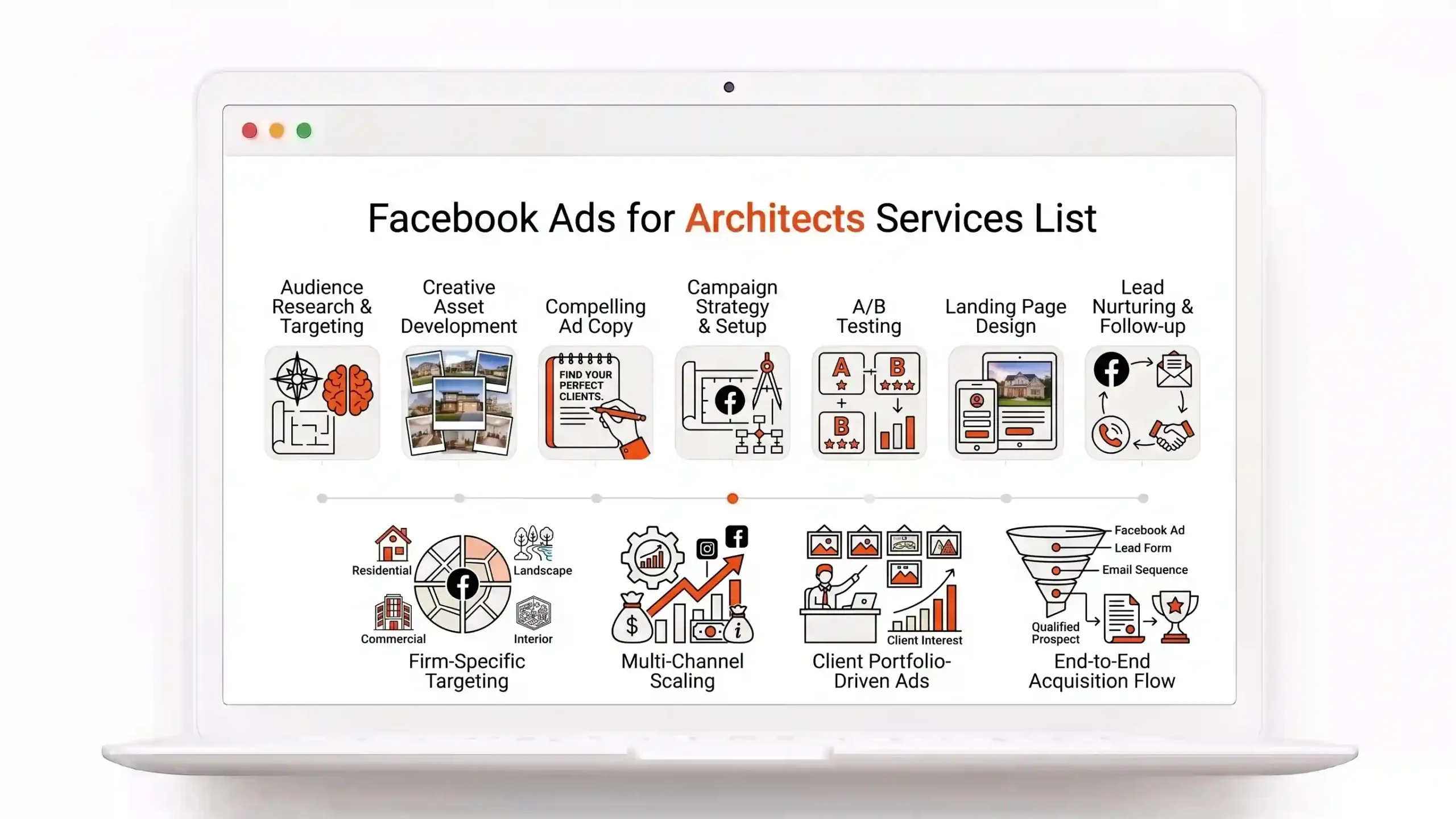 Marketing agency Sorted ROI's image for the service page about the Service List for Facebook Ads for Architects on sortedroi.com website