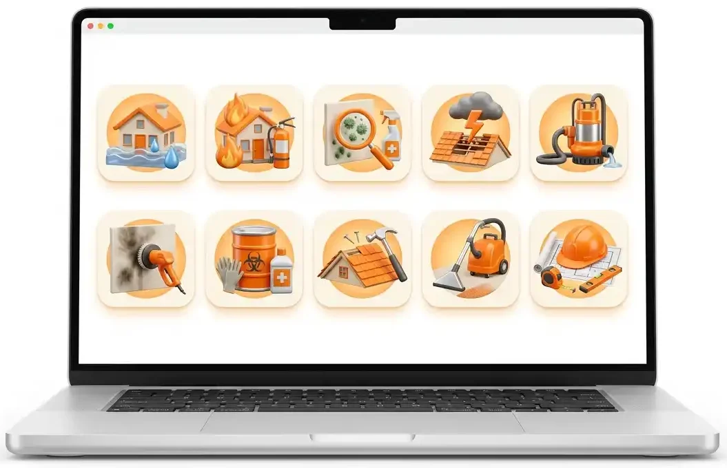 Marketing agency Sorted ROI's image of the service page about Restoration Lead Generation Agency showing several types of restoration companies clientele on sortedroi.com website